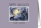 Happy Halloween Teacher, spooked corgi dog near a haunted house card