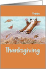 Happy Thanksgiving, Corgi dog jumping in Autumn leaves card