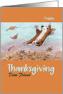 Happy Thanksgiving Friend, Corgi dog jumping in Autumn leaves card