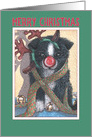Merry Christmas, border collie puppy in antlers card