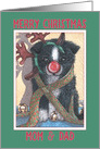 Merry Christmas Mom & Dad, border collie puppy in antlers card