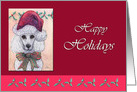 Happy Holidays, white poodle dog in a Santa hat card
