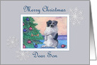 Merry Christmas Son, border collie dog decorating Christmas tree card