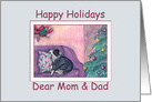 Happy Holidays Mom & Dad, border collie dog & his Christmas present card