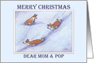 Merry Christmas Mom & Pop, Corgi dogs snow sliding card