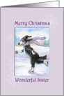 Merry Christmas sister, border collie dog ice skating card