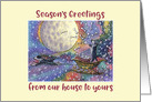 Season’s Greetings our house to yours, sheepdogs in santa sleigh card