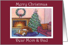 Merry Christmas Mom & Dad, corgi dog by the fireside card