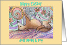 Happy Easter, Mom & Pop, greyhound dog with flowers, card