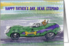 Happy Father’s Day, Stepdad, corgi dog in a racing car card