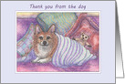 Thank you from the dog, welsh corgi dog, cosy, teddy bear, card