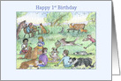 Happy 1st Birthday, dogs playing in the park with their owners, card