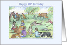 Happy 10th Birthday, dogs playing in the park with their owners, card