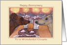 For Couple Two Dogs Celebrate their Wedding Anniversary over Chocolate Cake card