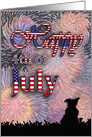 Happy 4th of July, Stars and Stripes against Firework Sky with Dog card