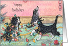 Happy holidays, dog help with tree lights, christmas card