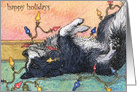 Happy holidays, dog help with tree lights, christmas card