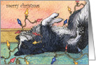 Merry Christmas, dog help with tree lights, christmas card