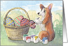 Welsh Corgi dog painting Easter eggs. card