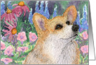 Corgi dog thinking higher thoughts in the flower bed card