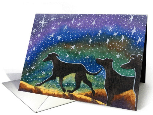 Three greyhound whippet dogs starry night holiday card (1033755)