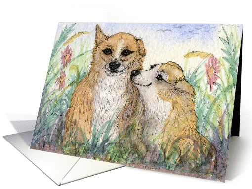 Welsh Corgi dogs teasing - give us a kiss luv! card (1041859)