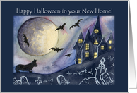 New home at Halloween, spooked corgi in a graveyard. card