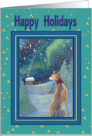 Happy Holidays, Greyhound snow scene. card
