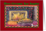 Merry Christmas Daughter, sleeping Corgi by an open fire card