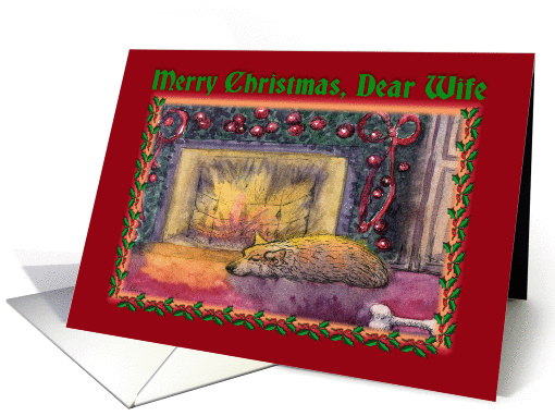 Merry Christmas Wife, sleeping Corgi by an open fire card (1452012)