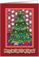 Merry Christmas from England, Corgi hiding under a Christmas tree card