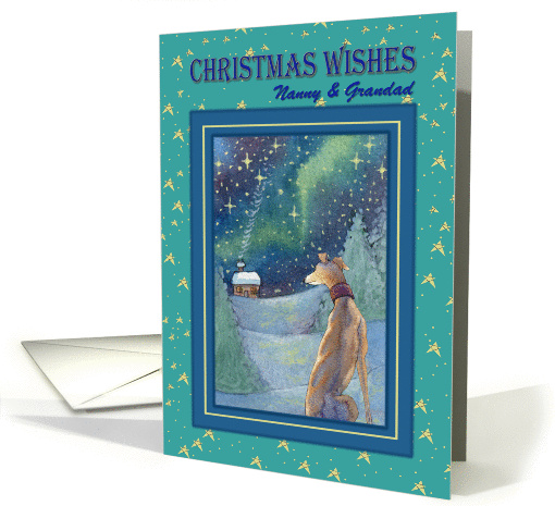 Christmas wishes Nanny and Grandad, Christmas Greyhound scene card