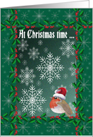 At Christmas time, Robin red breast with snowflakes card