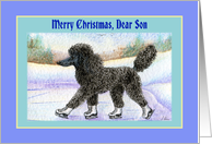 Merry Christmas Son, black Poodle on ice skates card