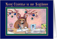 Merry Christmas Neighbours, Corgi writing Christmas cards