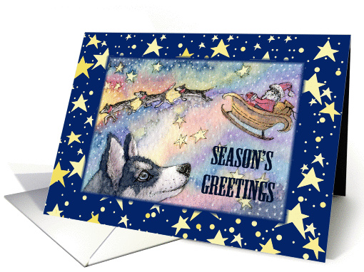 Season's Greetings, Husky reindeer with Santa's sleigh card (1454936)