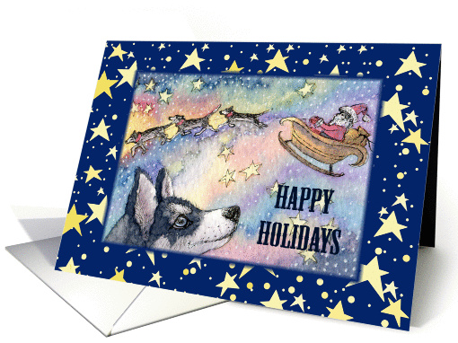Happy Holidays, Husky reindeer with Santa's sleigh card (1454938)