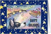 Happy Holidays, Husky reindeer with Santa’s sleigh card
