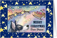 Merry Christmas Friend, Husky reindeer with Santa’s sleigh card