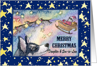 Merry Christmas Daughter & Son-in-Law, Husky with Santa’s sleigh card