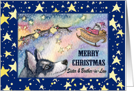 Merry Christmas Sister & Brother-in-Law, Husky with Santa’s sleigh card