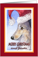 Merry Christmas Godmother, Sheltie in a Santa hat card