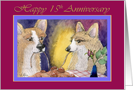 Happy 15th Anniversary, Corgi dogs romantic couple anniversary card