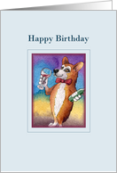 Happy Birthday, Corgi drinking a glass of red wine card