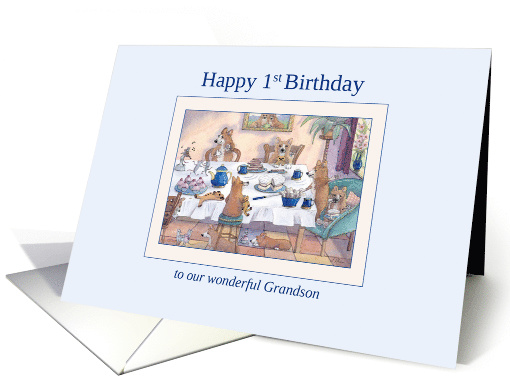 Happy 1st Birthday Grandson dog card, Corgi birthday party card