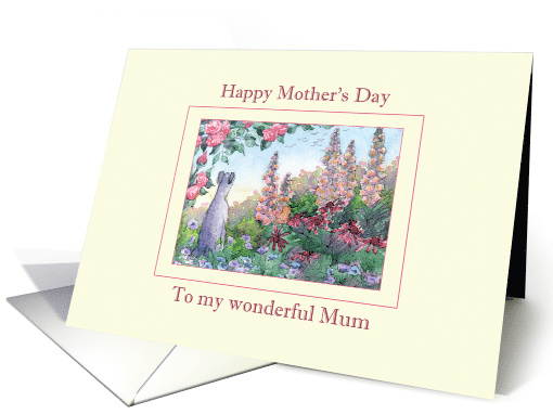 Happy Mother's Day Mum, Greyhound sitting in a flower garden card