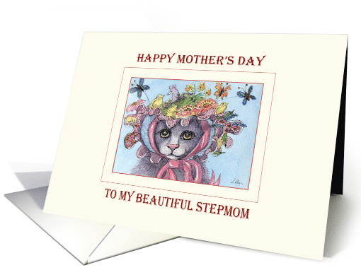 Happy Mother's Day Stepmom, Cat in a bonnet Mother's Day card