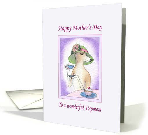 Happy Mother's Day Stepmom, Greyhound having afternoon tea card