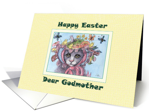Happy Easter Godmother, cat in an Easter bonnet card (1467552)