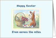 Happy Easter from across the miles, Corgi dog decorating Easter eggs card